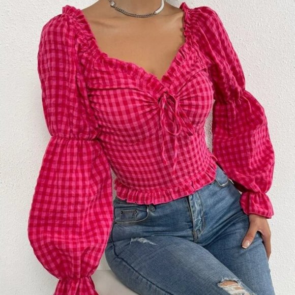 Pink Gingham Drawstring detail Frill Trim Shirred Blouse Top - Picture 1 of 6